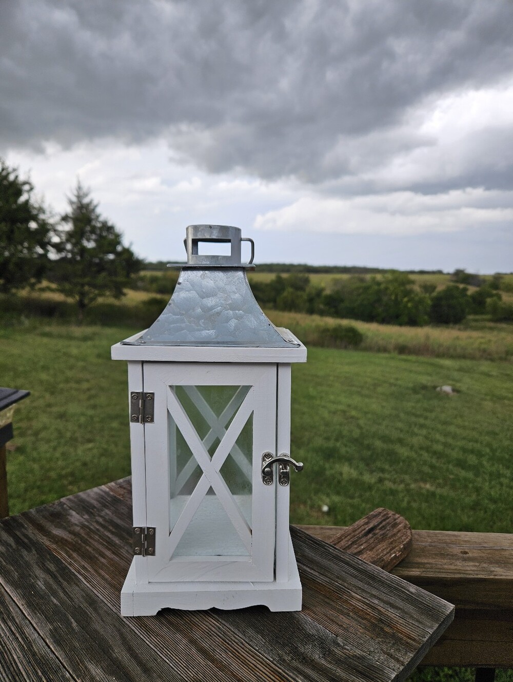 Vintage White Wood Candle Lantern Galvanized Metal Top Country Farmhouse Decor